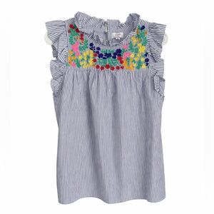 crown & ivy Blue & White Striped Ruffle Floral Smocked Top with embroidery